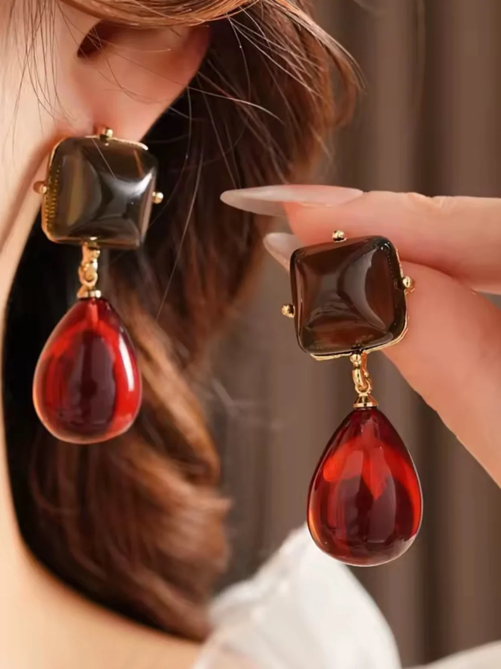 New Gold-Tone Red Drop & Smoky Square Dangle Earrings